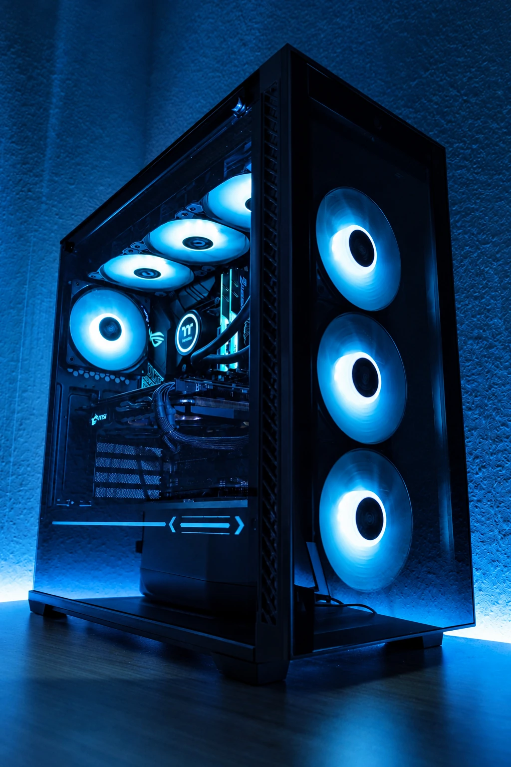 Torre gaming negra con iluminación azul